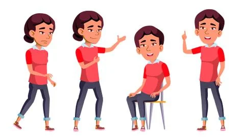 Asian Girl Poses Set Vector. High School Child. For Web, Brochure, Poster Design Stock Illustration