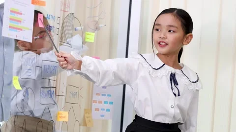 Asian Girl Student Using Pointing Stick During Classroom Presentation Stock Footage 335802521
