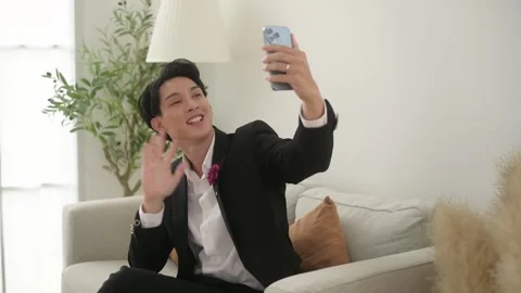 An asian groom using smartphone in wedding day concept of Wedding party Video stock 280206129