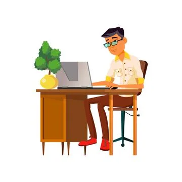 Asian guy freelancer coding on computer cartoon vector Stock Illustration
