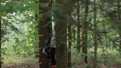 Asian guy walking in the forest with a backpack, side shot.hike in the forest Vidéo 252514096