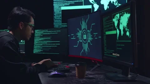 Asian Hacker Upset With Lock Key On Computer Screen Stock Footage 157497107