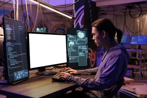 Asian hacker using computer empty screen Stock Photos