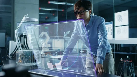 Asian High Tech Engineer Uses Modern Computer With Transparent Display Stock Footage 85701724