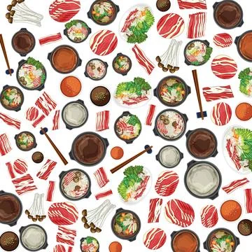 Asian Hot Pot Vector Pattern with Sliced Beef and Vegetables Stock Illustration