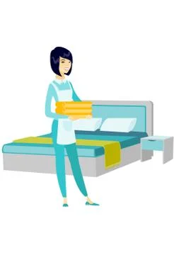 Asian housekeeping maid with stack of linen. イラスト素材