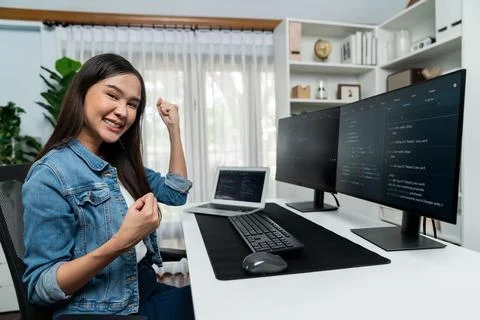 Asian IT developer creating raising fist up with successful project. Stratagem. 스톡 사진