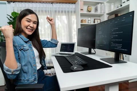 Asian IT developer creating raising fist up with successful project. Stratagem. Foto stock