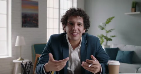 Asian job applicant having an interview via online video chat. Male entrepreneur Stock-Footage 143568176