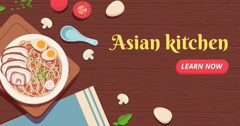 Asian kitchen landing page. Moving banner with top view of table with chopsticks Stock Footage 329945874