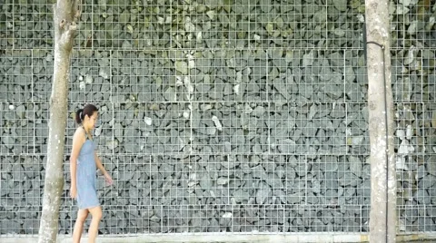 Asian lady walking with stone wall background. Stock Footage 46098545