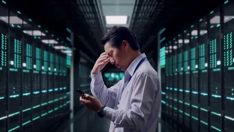 Asian Male Dissapionted While Use Phone in Data Center Stock Footage 321990613