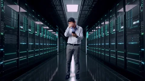 Asian Male Dissapionted While Use Phone in Data Center Stock Footage 321990666