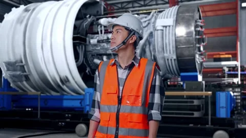 Asian Male Engineer Looking Around With Jet Engine Stock Footage 306598946