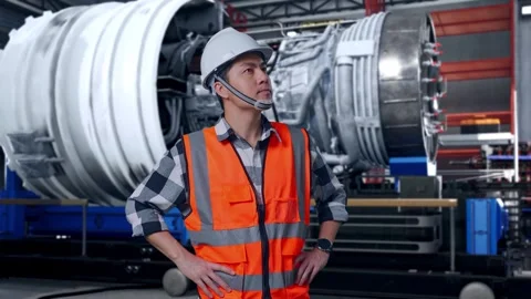 Asian Male Engineer Looking Around With Arms Akimbo With Jet Engine Stock Footage 306598986