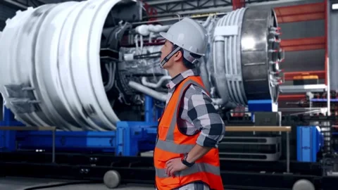 Asian Male Engineer Looking Around With Arms Akimbo With Jet Engine Stock Footage 306599499