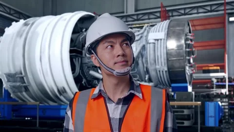 Asian Male Engineer Looking Around With Jet Engine Stock Footage 306599779