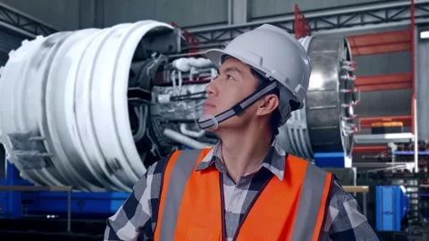 Asian Male Engineer Looking Around With Arms Akimbo With Jet Engine Stock Footage 306599833