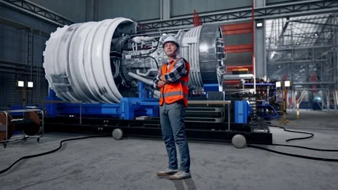 Asian Male Engineer Looking Around With Jet Engine Stock Footage 306602513