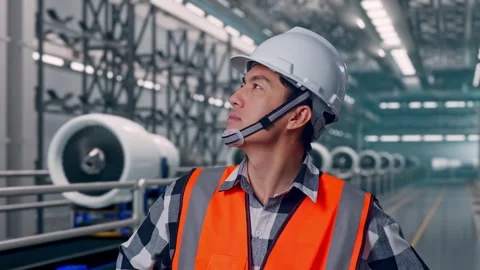 Asian Male Engineer Looking Around With Arms Akimbo, Aircraft Engine Factory Stock Footage 314590516
