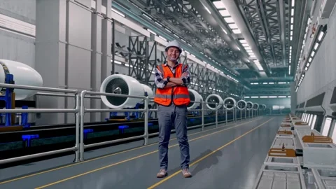 Asian Male Engineer Looking Around With Arms Akimbo, Aircraft Engine Factory Stock Footage 314590940