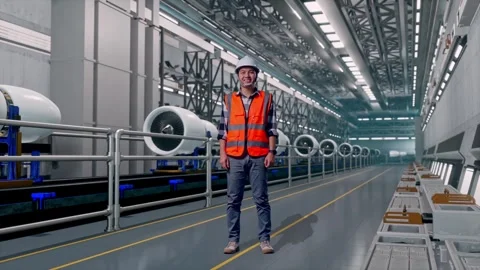 Asian Male Engineer Looking Around, Aircraft Engine Factory Stock Footage 314590944