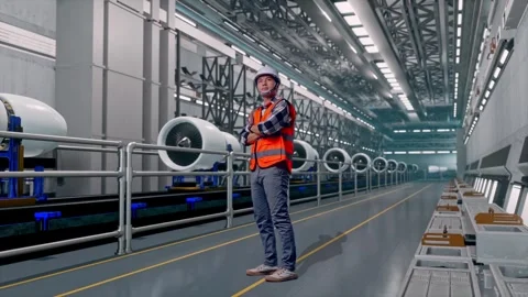 Asian Male Engineer Looking Around, Aircraft Engine Factory Stock Footage 314591196