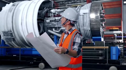 Asian Male Engineer Looking At Blueprint In His Hands With Jet Engine Stock Footage 306599681