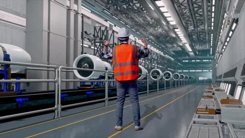 Asian Male Engineer Looking At Blueprint In His Hands, Aircraft Engine Factory Stock Footage 314591267
