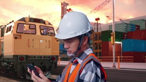 Asian Male Engineer Looking At The Tablet In His Hand With Freight Cargo Train Stock Footage 297869608