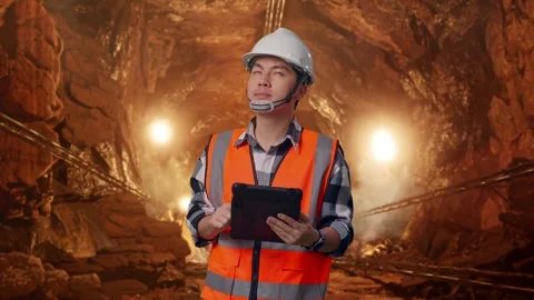 Asian Male Engineer Looking At The Tablet In His Hand In Mine tunnel Stock Footage 299568461