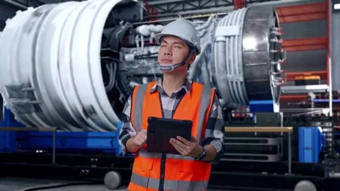 Asian Male Engineer Looking At The Tablet In His Hand With Jet Engine Stock Footage 306599374