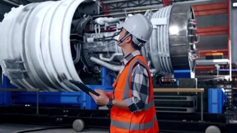 Asian Male Engineer Looking At The Tablet In His Hand With Jet Engine Stock Footage 306599592