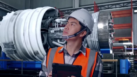 Asian Male Engineer Looking At The Tablet In His Hand With Jet Engine Stock Footage 306599826