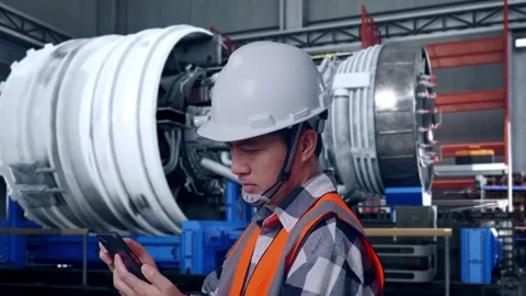 Asian Male Engineer Looking At The Tablet In His Hand With Jet Engine Stock Footage 306601141