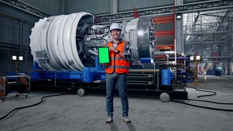 Asian Male Engineer Looking At The Tablet In His Hand With Jet Engine Stock Footage 306602349