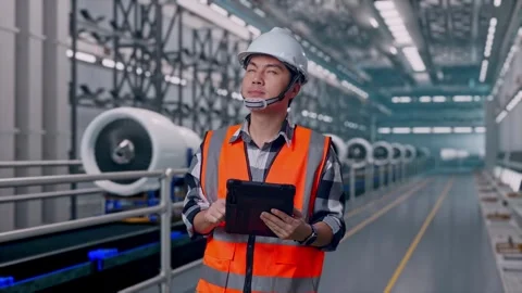 Asian Male Engineer Looking At The Tablet In His Hand, Aircraft Engine Factory Video stock 314590090