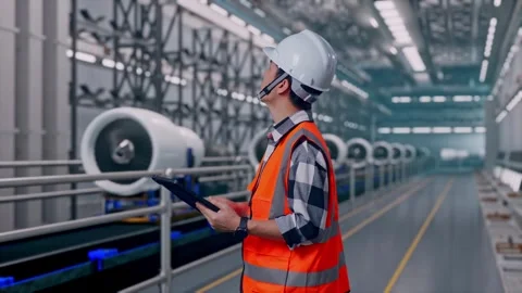 Asian Male Engineer Looking At The Tablet In His Hand, Aircraft Engine Factory Video stock 314590400