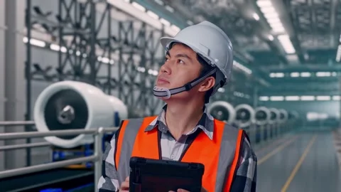 Asian Male Engineer Looking At The Tablet In His Hand, Aircraft Engine Factory Video stock 314590534