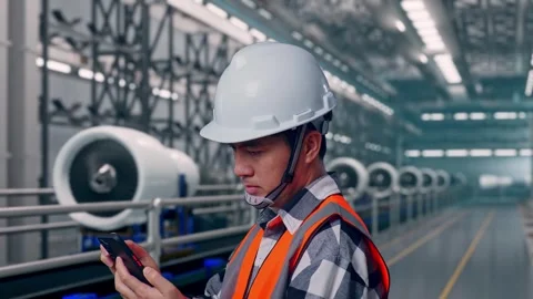 Asian Male Engineer Looking At The Tablet In His Hand, Aircraft Engine Factory Video stock 314590832