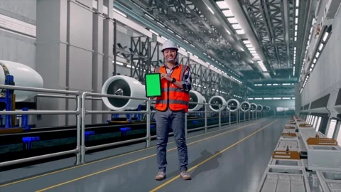 Asian Male Engineer Looking At The Tablet In His Hand, Aircraft Engine Factory Video stock 314591144