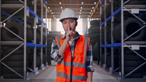 Asian Male Engineer Making Shh Gesture at Tire Warehouse Stock Footage 341786435