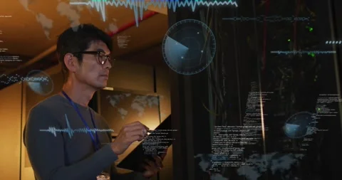 Asian male engineer notes data processing in server room animation. Stock Footage 328466588
