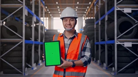Asian Male Engineer Smiling And Showing Green Screen Tablet To Camera Tire Stock Footage 341786473