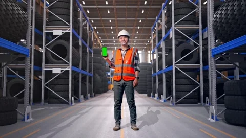 Asian Male Engineer Smiling And Showing Green Screen Smartphone Tire Warehouse Stock Footage 341787723