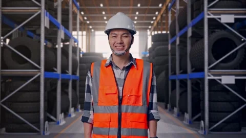 Asian Male Engineer Smiling To Camera at Tire Warehouse Stock Footage 341786294