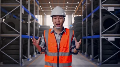 Asian Male Engineer Smiling To Camera And Saying Wow at Tire Warehouse Stock Footage 341786323
