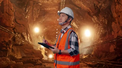 Asian Male Engineer Taking Note On The Tablet In Mine tunnel Stock Footage 299569276