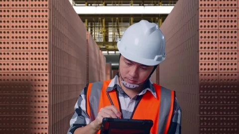 Asian Male Engineer Taking Note On The Tablet With Brick In Stacks Stock Footage 303760200