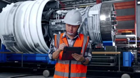 Asian Male Engineer Taking Note On The Tablet With Jet Engine Stock Footage 306599367